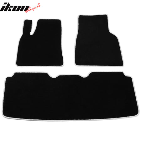 IKON MOTORSPORTS, Floor Mats Compatible With 2012-2019 Tesla Model S Sedan 4DR, Black Nylon OE Fitment Style Front & Rear Floor Mats Anti-slip Carpet With White Edge 3PCS, 2013 2014 2015 2016 2017