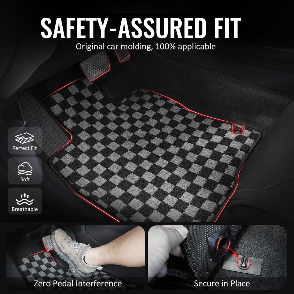 IKON MOTORSPORTS Loop Pile Tufted Car Floor Mats, Compatible with 2012-2016 Honda CR-V, Checkered Grey Black Plaid, All weather Anti-Slip 3PCS Set Car Protector Carpets