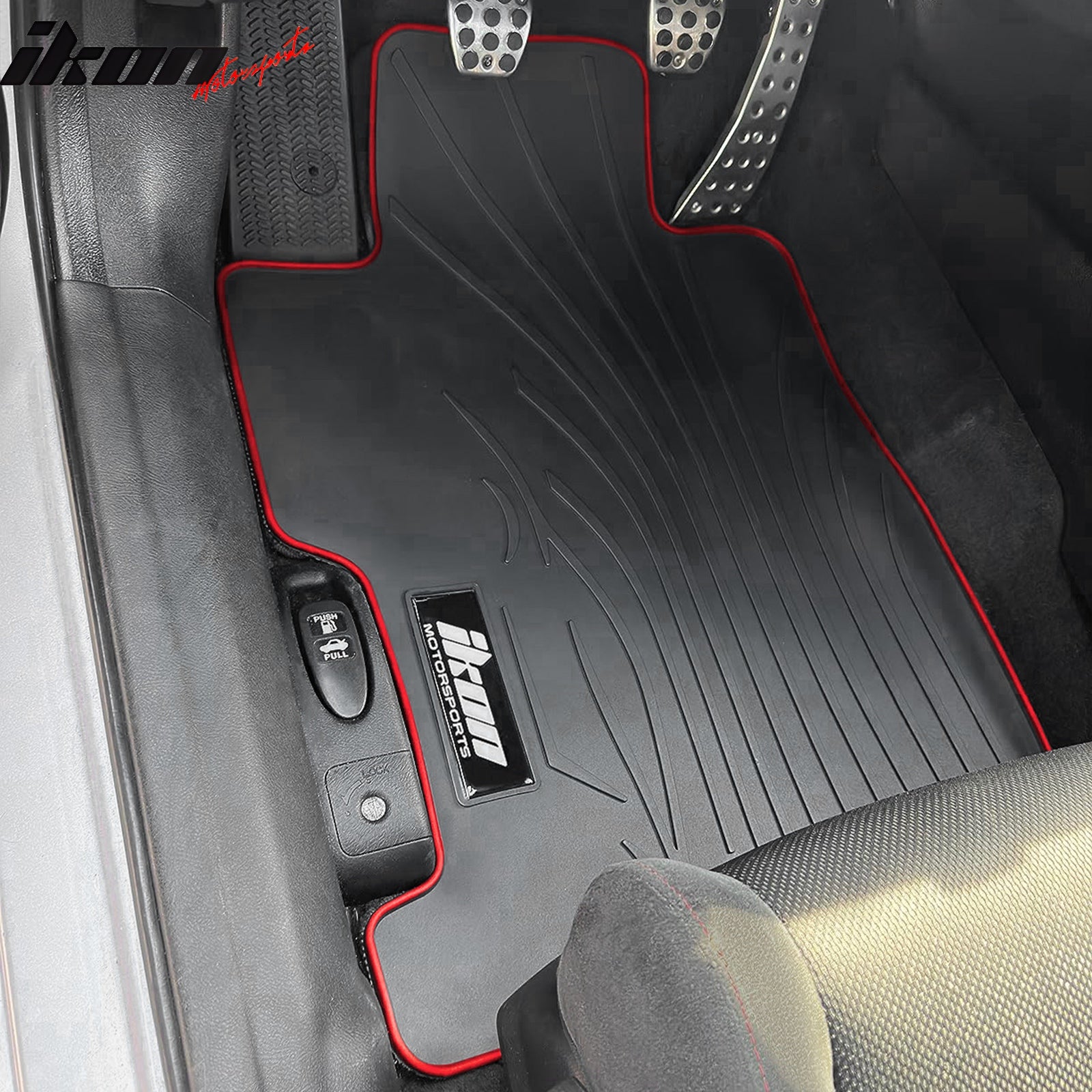 IKON MOTORSPORTS, Floor Mats Compatible With 2006-2011 Honda Civic Coupe & Sedan, Black w/ Red Edge Rubber All Weather Easy Clean Interior Car Carpets Full Set 3 Pieces