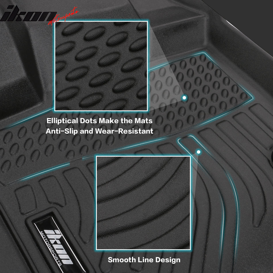 IKON MOTORSPORTS 3D TPE Floor Mats, Compatible with 2009-2018 Ram 1500/2500/3500 Crew Cab 2019-2023 1500 Classic Crew Cab, All Weather Waterproof Anti-Slip Liners, Full Set Car Accessories, Black