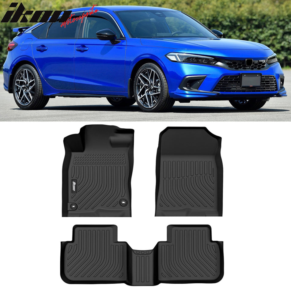 IKON MOTORSPORTS 3D TPE Floor Mats, Compatible with 2022-2024 Honda Civic with/Without USB Ports at Rear Seat/Acura Integra, All Weather Waterproof Anti-Slip Liners, Front & 2nd Row Full Set, Black