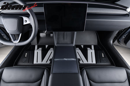 IKON MOTORSPORTS 3D TPE Floor Mats, Compatible with 2024-2025 Tesla Model 3, All Weather Waterproof Non-Slip Floor Liners, Front & 2nd Row Full Set Car Interior Accessories