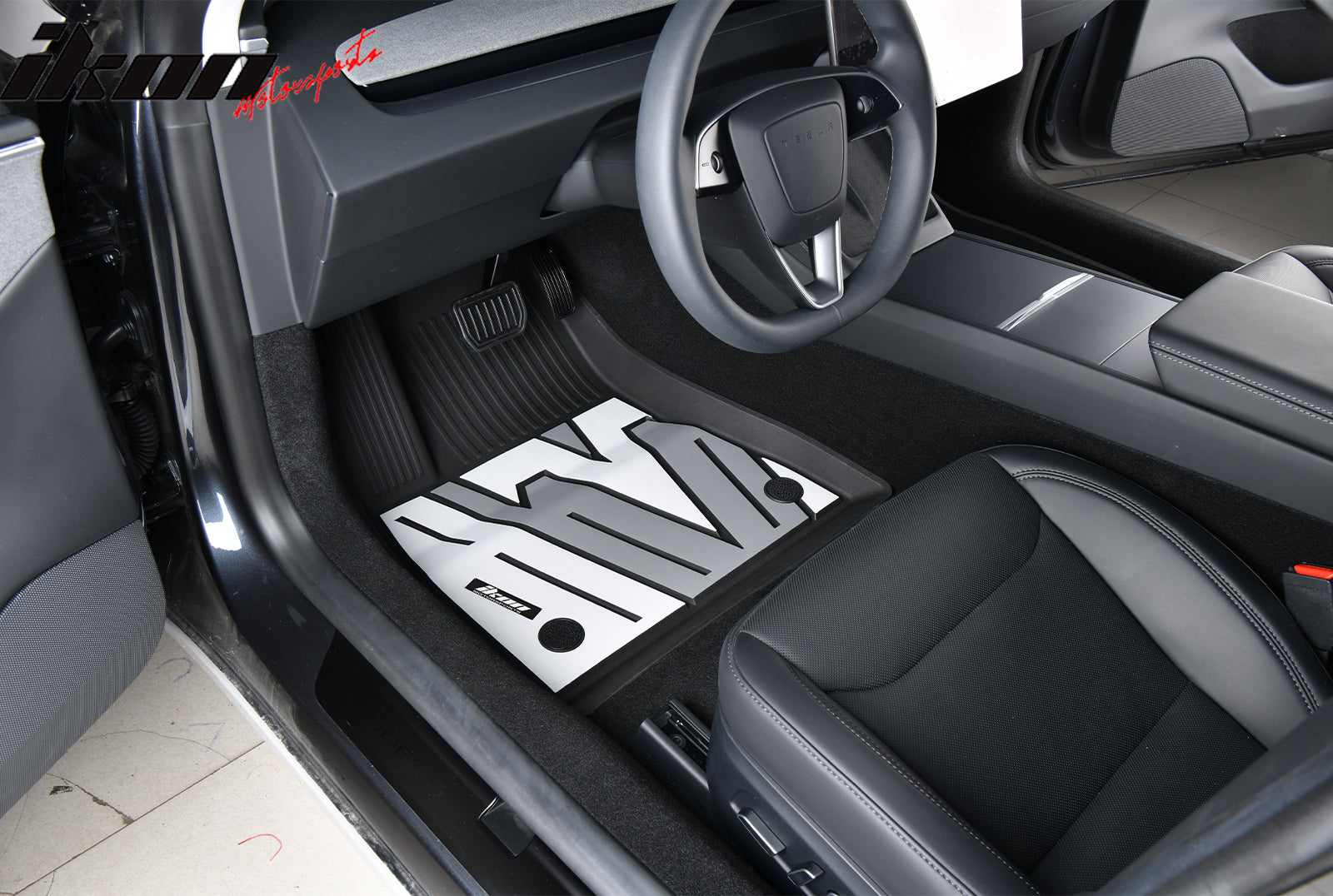 IKON MOTORSPORTS 3D TPE Floor Mats, Compatible with 2024-2025 Tesla Model 3, All Weather Waterproof Non-Slip Floor Liners, Front & 2nd Row Full Set Car Interior Accessories