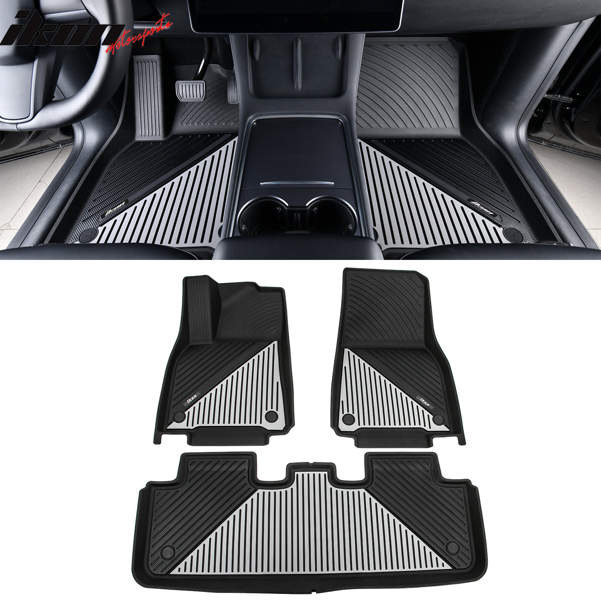 IKON MOTORSPORTS 3D TPE Floor Mats, Compatible with 2020-2024 Tesla Model Y, All Weather Waterproof Non-Slip Floor Liners, Front & 2nd Row Full Set Car Interior Accessories