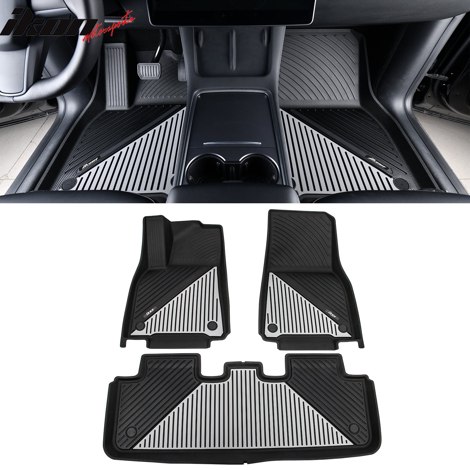 IKON MOTORSPORTS 3D TPE Floor Mats, Compatible with 2020-2024 Tesla Model Y, All Weather Waterproof Non-Slip Floor Liners, Front & 2nd Row Full Set Car Interior Accessories