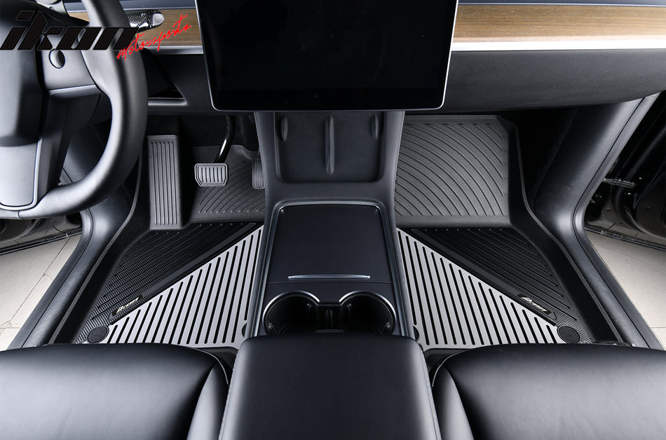 IKON MOTORSPORTS 3D TPE Floor Mats, Compatible with 2020-2024 Tesla Model Y, All Weather Waterproof Non-Slip Floor Liners, Front & 2nd Row Full Set Car Interior Accessories
