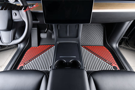 IKON MOTORSPORTS 3D TPE Floor Mats, Compatible with 2020-2024 Tesla Model Y, All Weather Waterproof Non-Slip Floor Liners, Front & 2nd Row Full Set Car Interior Accessories, Black & Gray & Red