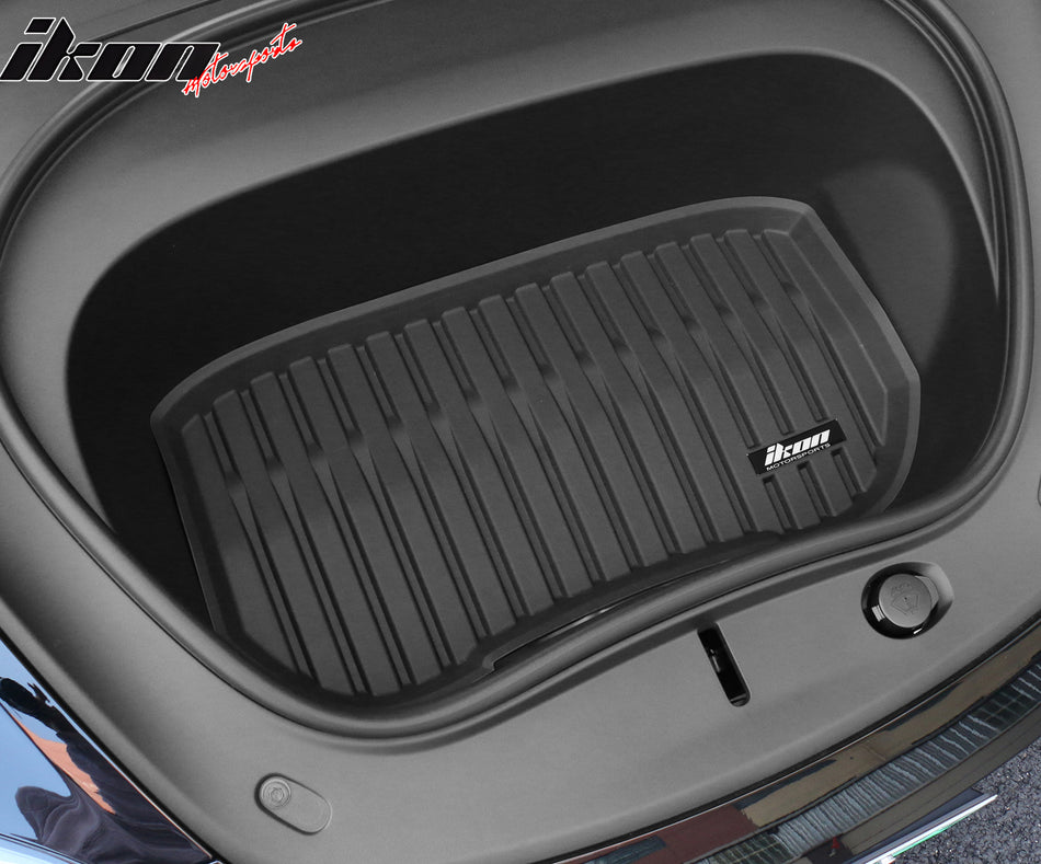 IKON MOTORSPORTS TPE Cargo Trunk Liner, Compatible with 2024-2025 Tesla Model 3 Highland, Custom Fit All Weather Protection Heavy Duty Front Trunk Frunk Tray Cargo Mats Protector, Black