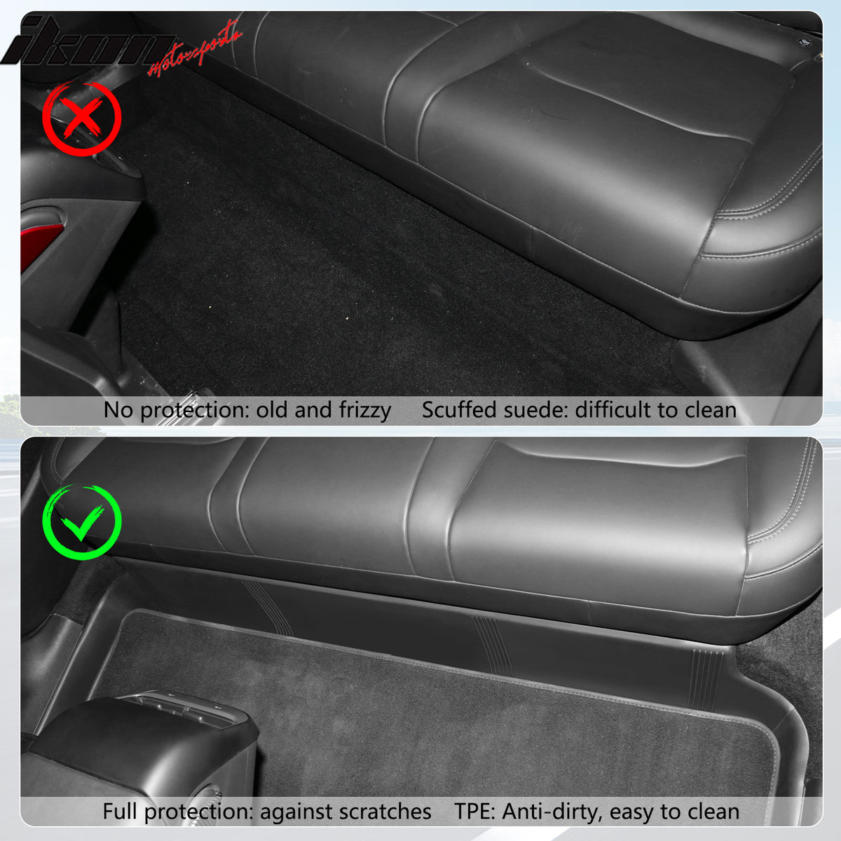 IKON MOTORSPORTS, Rear Under Seat Cover Anti Kick Pad Protector Compatible With 2020-2024 Tesla Model Y, Black TPE Waterproof Floor Liners Rear 2nd Row Car Foot Pad Interior Accessories