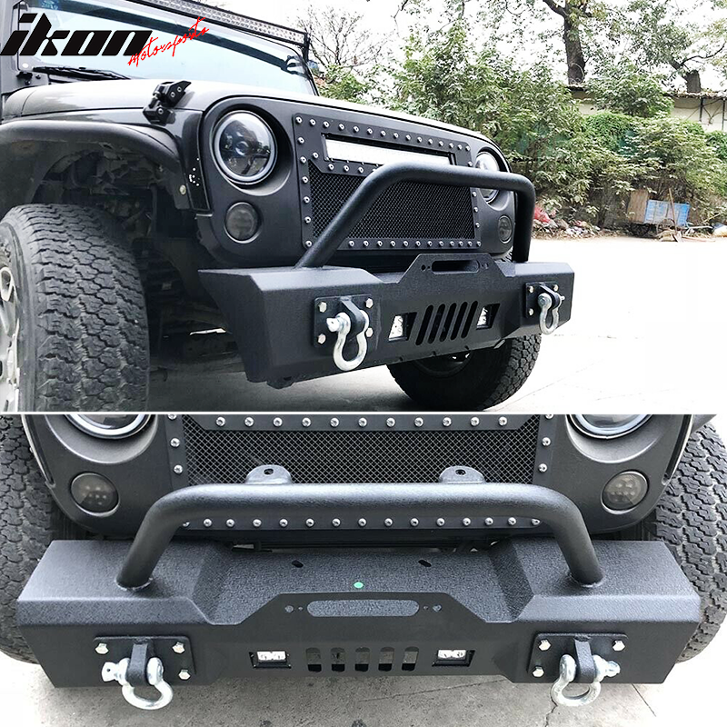 IKON MOTORSPORTS, Front Bumper Bull Bar Compatible With 2007-2017 Jeep Wrangler, LED Spotlight & D Rings Winch Plate Brush Guard, 2008 2009 2010 2011 2012 2013 2014 2015 2016