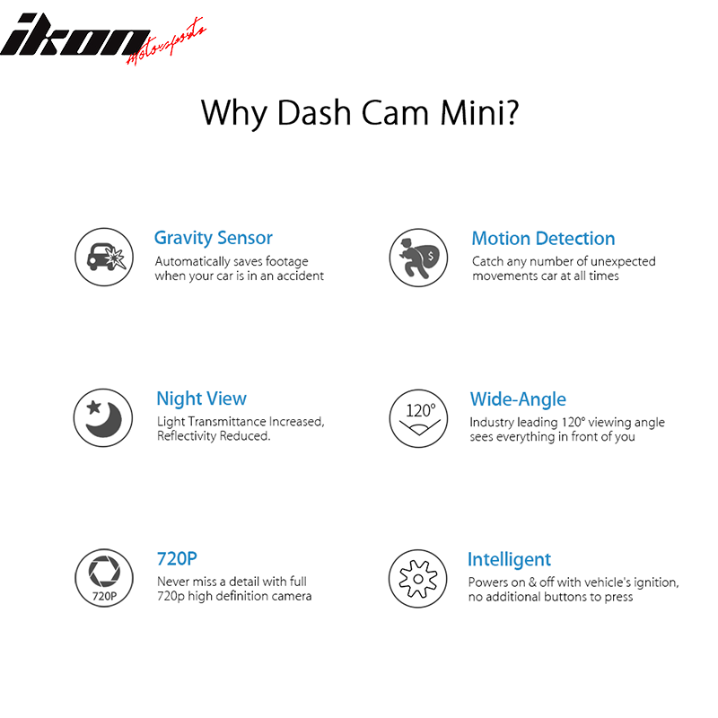 Dash Cam Mini A110 720P 120° Wide Angle Car DVR Camera Video Recorder Monitor Night Vision G-Sensor Vehicle Rearview Camera Dashcam by IKON MOTORSPORTS