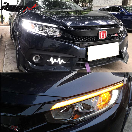 Black Eyebrow LED Lights with 2 Colors Compatible With 2016-2020 Honda Civic 10th Gen, White DRL / Yellow Sequential Turn Signal by IKON MOTORSPORTS, 2017 2018 2019