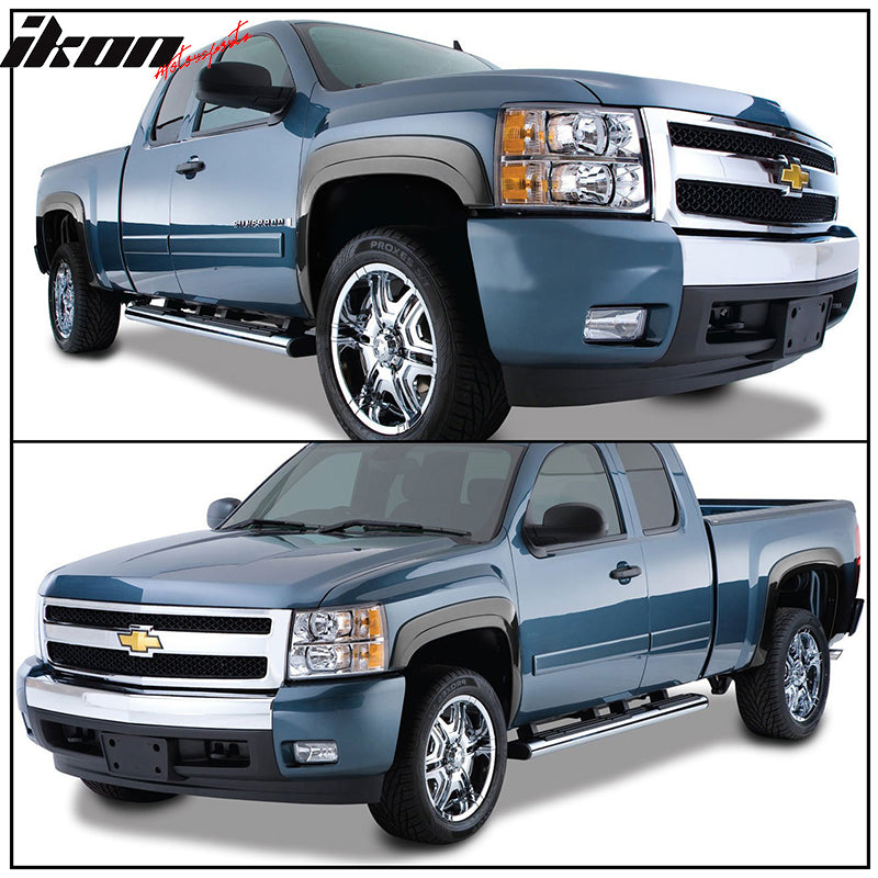 Fender Flares Compatible With 2007-2013 Chevy Silverado 1500, 69.3'' Short Bed Factory Style Black PP Injection Right Left Wheel Cover Protector Vent By IKON MOTORSPORTS, 2008 2009 2010 2011 2012