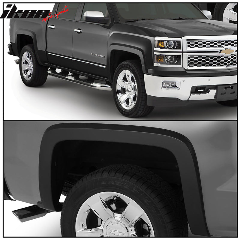 Fender Flares Compatible With 2014-2018 Chevy Silverado 1500 2500HD 3500HD, Factory Style Black PP Injection Right Left Wheel Cover Protector Vent Trim By IKON MOTORSPORTS, 2015 2016 2017