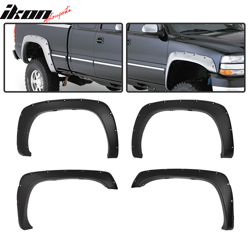 Fender Flares Compatible With 1999-2007 Chevy Silverado 1500 2500 3500HD, Pocket Rivet Style Black PP Rear Right Left Wheel Cover Protector Vent Trim by IKON MOTORSPORTS, 2000 2001 2002 2003 2004