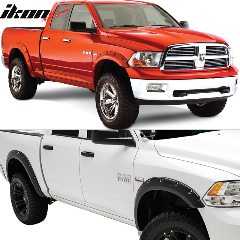 Fender Flares Compatible With 2009-2018 Dodge Ram 1500, Pocket Rivet Style Textured Black PP 4Pcs Front Rear Pair By IKON MOTORSPORTS