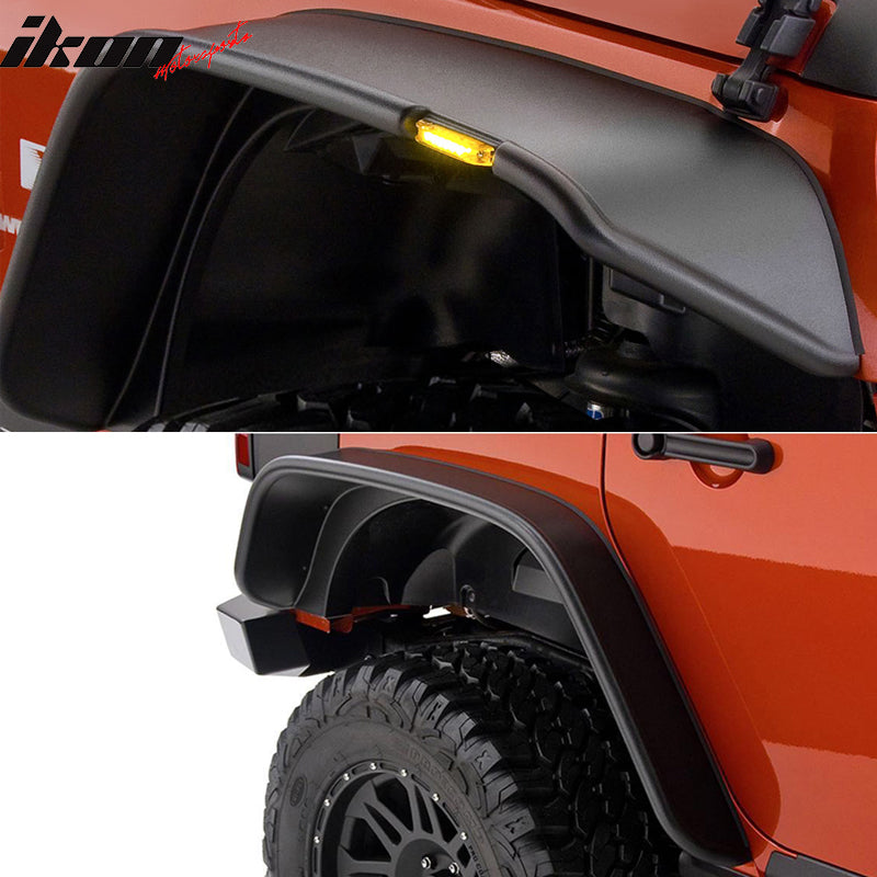 Compatible With 2007-2017 Jeep Wrangler JK, Flat Style Texture ABS Fender Flares With Yellow Side Marker Lights by IKON MOTORSPORTS