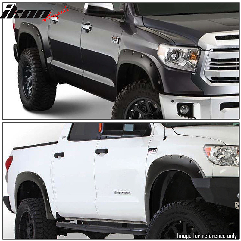 Fender Flares Compatible With 2014-2020 Toyota Tundra, Pocket Rivet Style Black PP Textured Front Rear Right Left Wheel Cover Protector Vent Trim by IKON MOTORSPORTS, 2015 2016