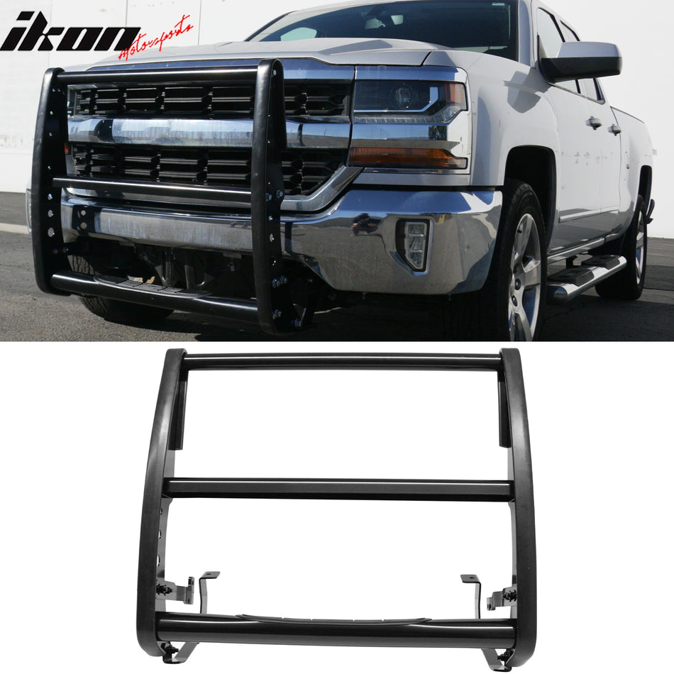 2014-2018 Chevrolet Chevy Silverado 1500 & GMC Sierra 1500 Bull Bar Push Bumper Grille Grill Brush Guard Exterior Auto Parts Heavy-Duty Black Steel