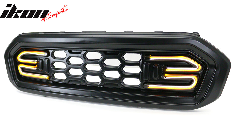IKON MOTORSPORTS Front Upper Grille, Compatible with 2019-2023 Ford Ranger XL/XLT/Lariat, DF Style Black Replacement Front Bumper Hood Grill w/ LED DRL Smoke Lens Arrow Signal