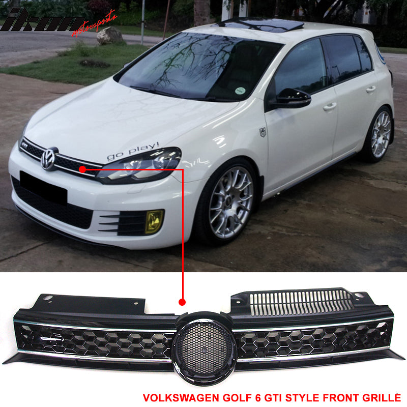 Compatible With 2010-2014 Golf MK6 Honeycomb GTI Black Chrome Trim Front Upper + Lower Grille ( ABS)
