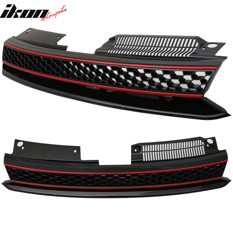 Grille Compatible With 2010-2014 Volkswagen Golf 6 MK6, GTI Style ABS Plastic Black W & Red Trim Front Bumper Grill Hood Mesh by IKON MOTORSPORTS, 2011 2012 2013