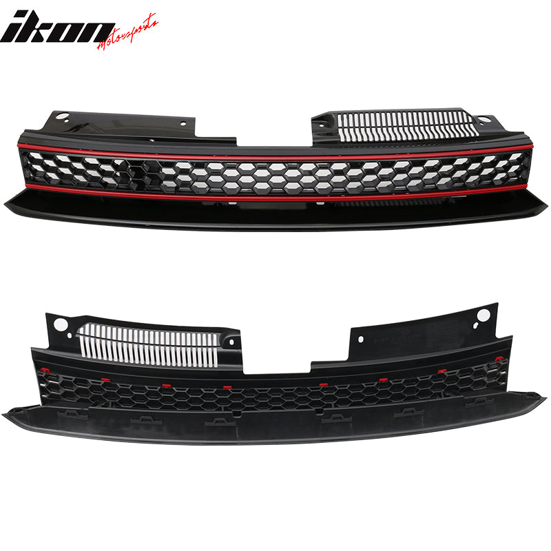 Fits 10-14 VW Golf 6 MK6 GTI Style Front High Bar Black Red Trim Mesh Grille-ABS
