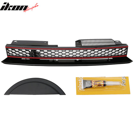 Fits 10-14 VW Golf 6 MK6 GTI Style Front High Bar Black Red Trim Mesh Grille-ABS
