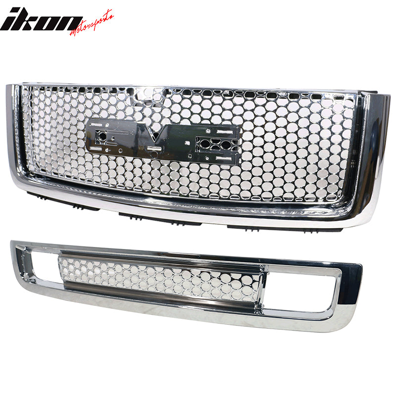 Grille Compatible With 2007-2013 GMC Sierra 1500 Denali, ABS Plastic Chrome Front Upper Grille + Lower Grill Guards By IKON MOTORSPORTS, 2008 2009 2010 2011 2012