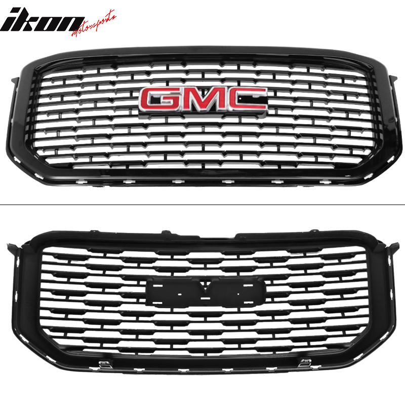 Fits 15-19 GMC Yukon Denali Style Front Upper Grille Unpainted ABS + Red GMC Emblem
