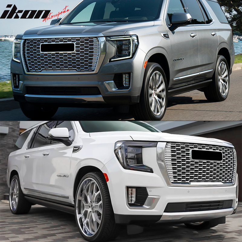 IKON MOTORSPORTS, Front Grille Compatible With 2021-2023 GMC Yukon & Yukon XL, Chrome Denali Style Front Upper Bumper Grill