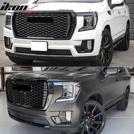IKON MOTORSPORTS, Grille Compatible With 2021-2023 GMC Yukon & Yukon XL, Painted Gloss Black Denli Style Front Upper Bumper Grill