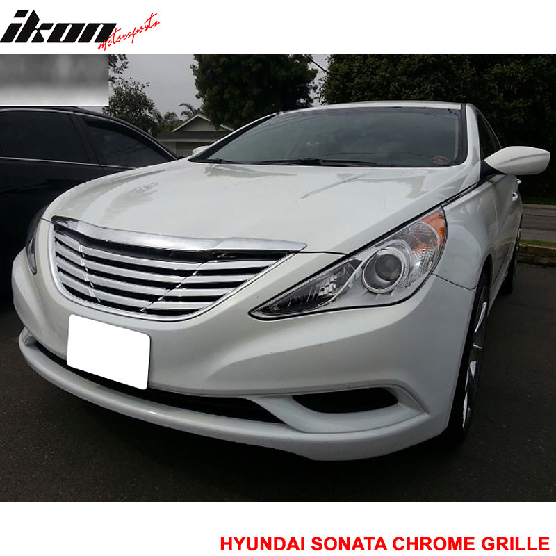 Grille Compatible With 2011-2014 Hyundai Sonata, Horizontal Style ABS Unpainted Chrome Front Upper Grill Guard Aftermarket Replacement Assembly by IKON MOTORSPORTS, 2012 2013