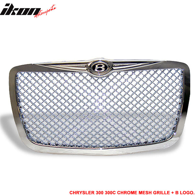 Grille Compatible With 2005-2010 Chrysler 300, Mesh Style ABS Chrome Front Bumper Hood Grill Protector by IKON MOTORSPORTS