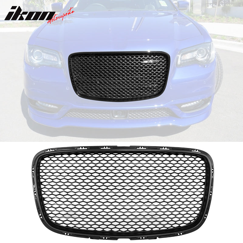 IKON MOTORSPORTS Grille Compatible With 2015-2023 Chrysler 300, Front Bumper Hood Grille Guard Mesh Grill Vent Black / Chrome