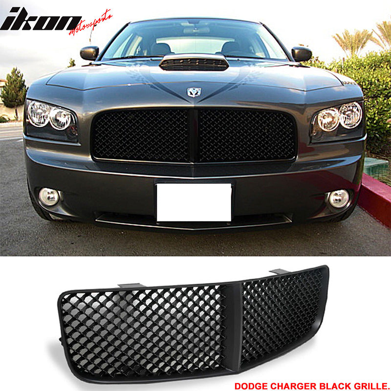 Compatible With 2006-2010 Dodge Charger Factory Datona Type Urethane Front Bumper Lip + Mesh Grill Black