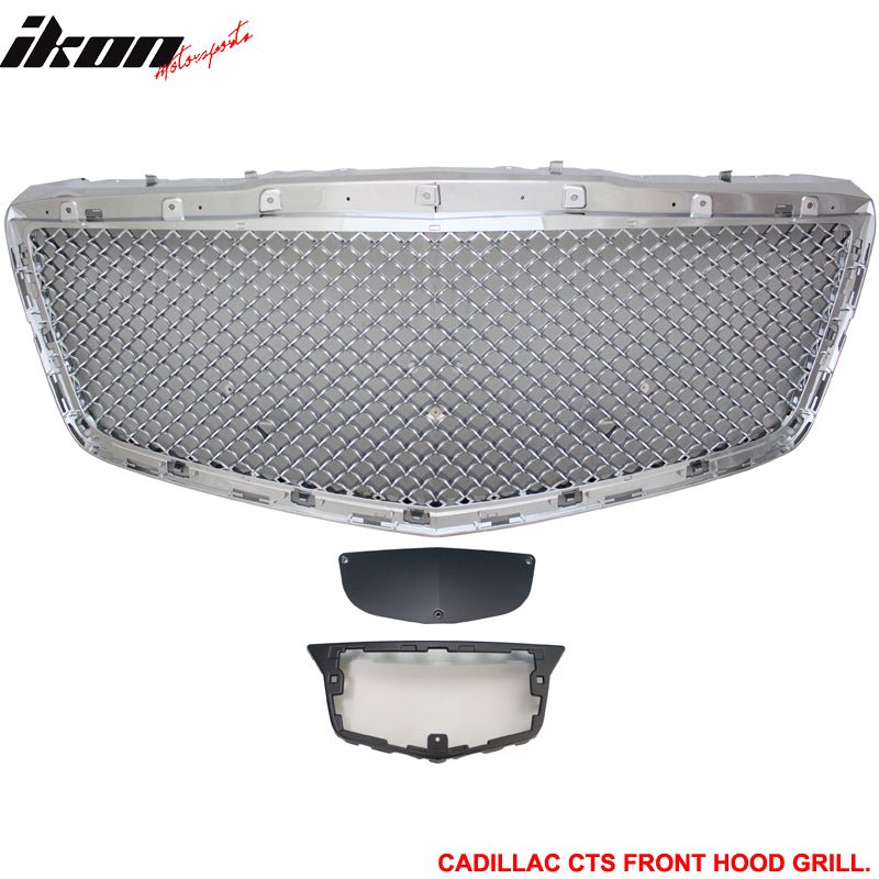 IKON MOTORSPORTS Front Upper Grille, Compatible with 2014-2019 Cadillac CTS Sedan, B Style Chrome ABS Plastic Replacement Front Bumper Hood Grill 1PC