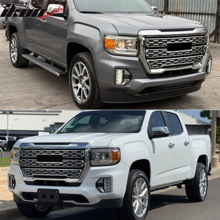 IKON MOTORSPORTS Front Upper Grille, Compatible with 2021-2022 GMC Canyon, Denali Style Chrome Black Replacement Front Bumper Hood Grill