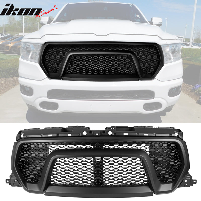 IKON MOTORSPORTS, Front Grille Compatible With 19-23 Dodge Ram 1500 Tradesman, Big Horn, Laramie Only, Rebel Style Black Front Bumper Grill Hood Mesh Guard