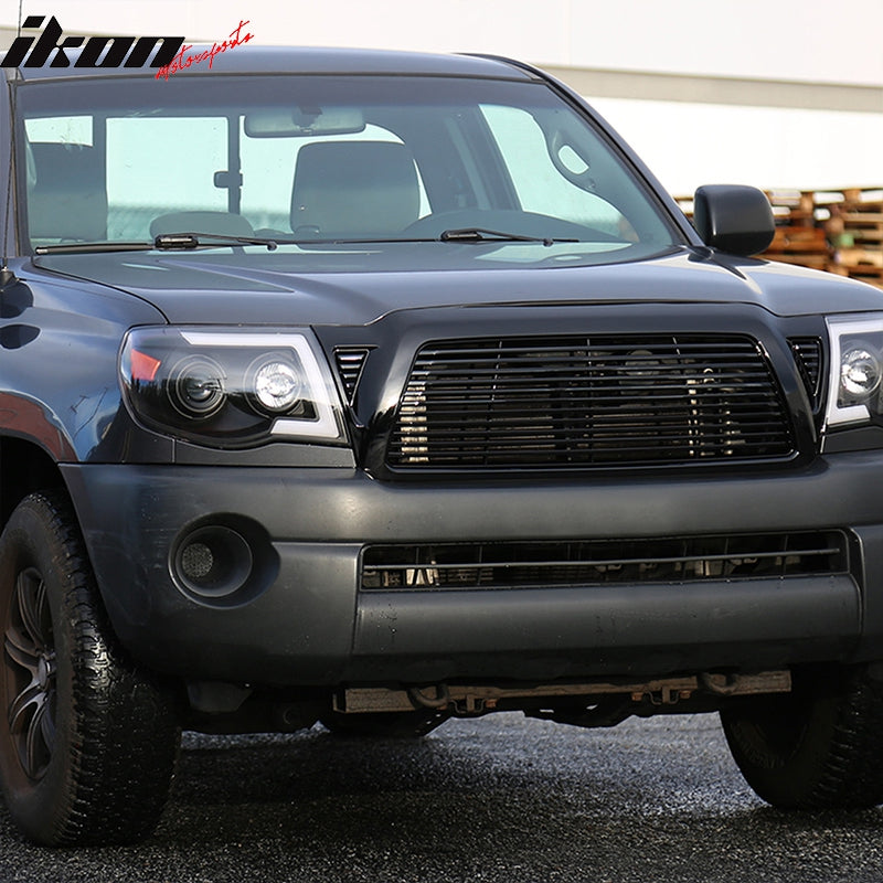IKON MOTORSPORTS Grille Compatible With 2005-2011 TOYOTA TACOMA, Horizontal Style ABS Black Front Bumper Hood Grill