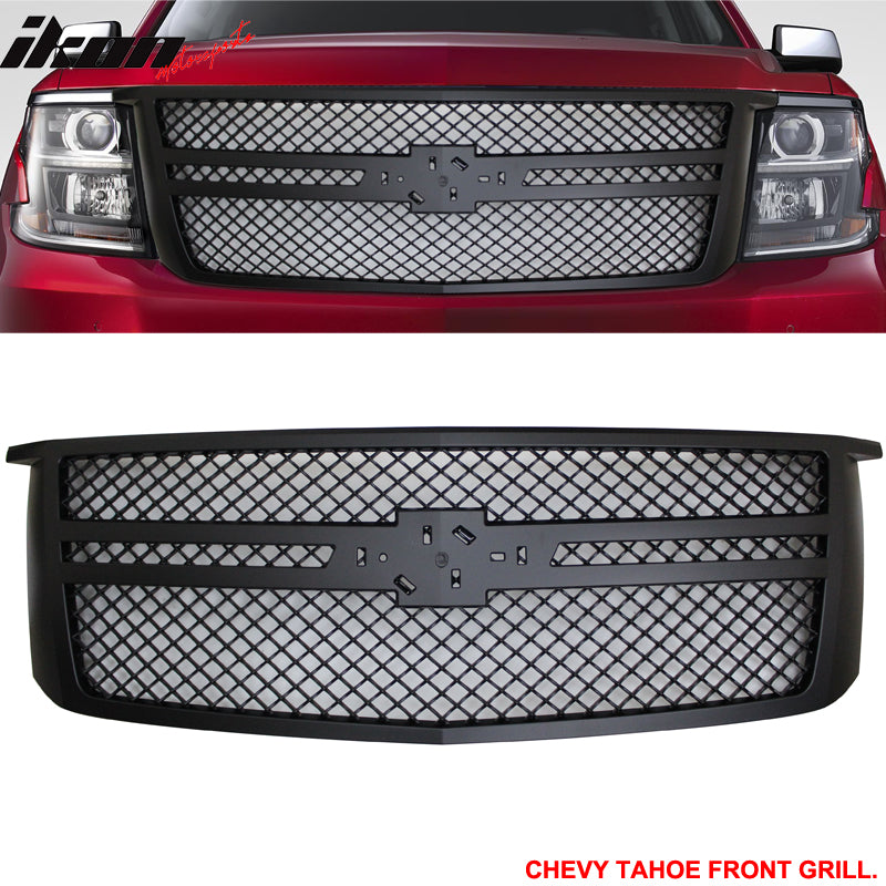 IKON MOTORSPORTS Front Upper Grille, Compatible with 2015-2020 Chevy Tahoe & 2015-2020 Chevy Suburban, B Style Black ABS Plastic Replacement Front Bumper Hood Grill 1PC