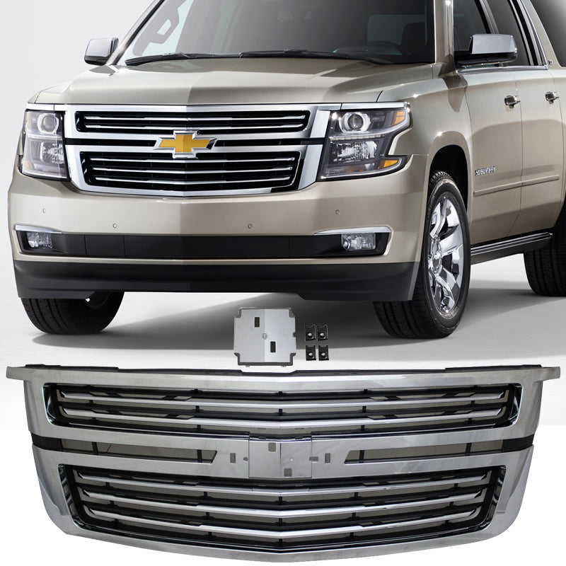 Grille Compatible With 2015-2020 Chevy Tahoe, LTZ Style Chrome Front Bumper Grill Hood Mesh by IKON MOTORSPORTS, 2016