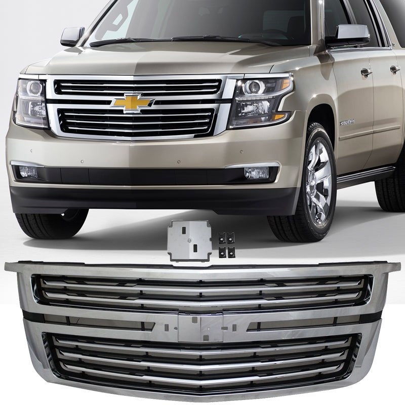 IKON MOTORSPORTS Front Upper Grille, Compatible with 2015-2020 Chevrolet Tahoe, LTZ Style Chrome ABS Plastic Replacement Front Bumper Hood Grill 1PC