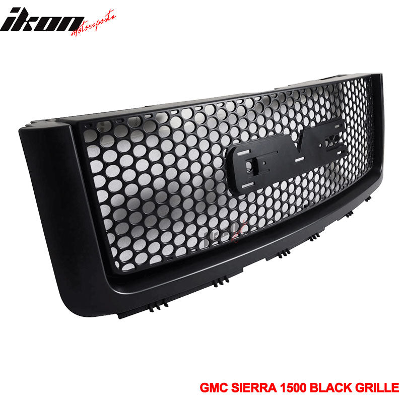 Grille Compatible With 2007-2013 GMC Sierra 1500 2500 Light Duty, Round Hole Mesh Design ABS Black Front Bumper Hood Grill by IKON MOTORSPORTS, 2008 2009 2010 2011 2012