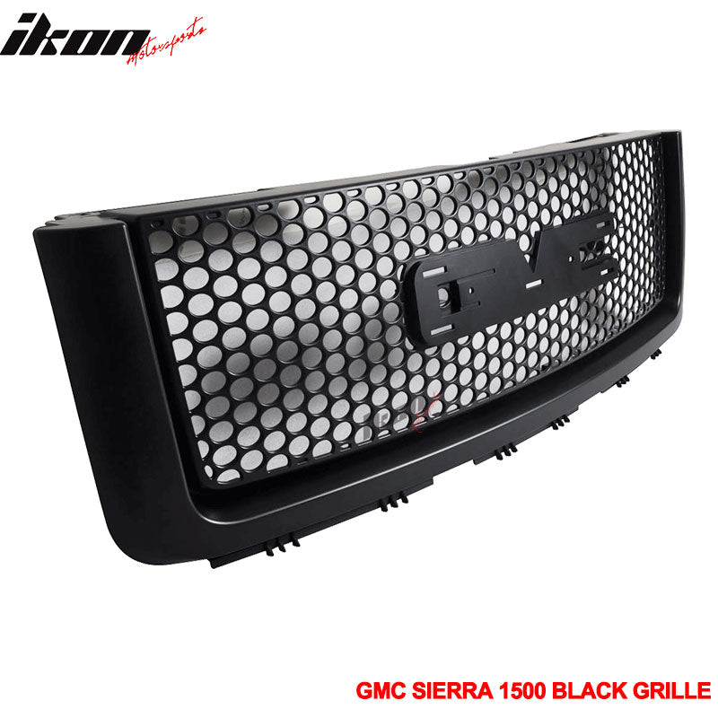 IKON MOTORSPORTS Front Upper Grille, Compatible with 2007-2013 GMC Sierra 1500 2500 Light Duty, Round Hole Mesh Design Black ABS Plastic Replacement Front Bumper Hood Grill 1PC