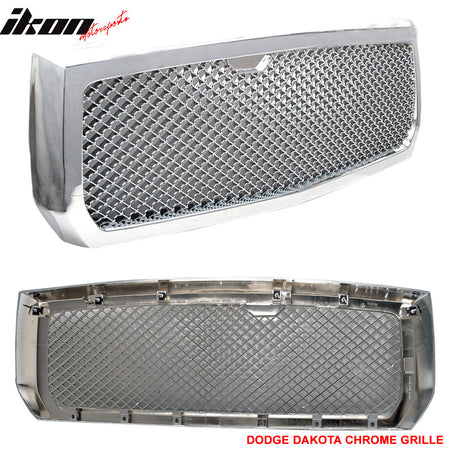 Grille Compatible With 2005-2007 Dodge Dakota, Mesh Style ABS Chrome Front Bumper Hood Grill by IKON MOTORSPORTS