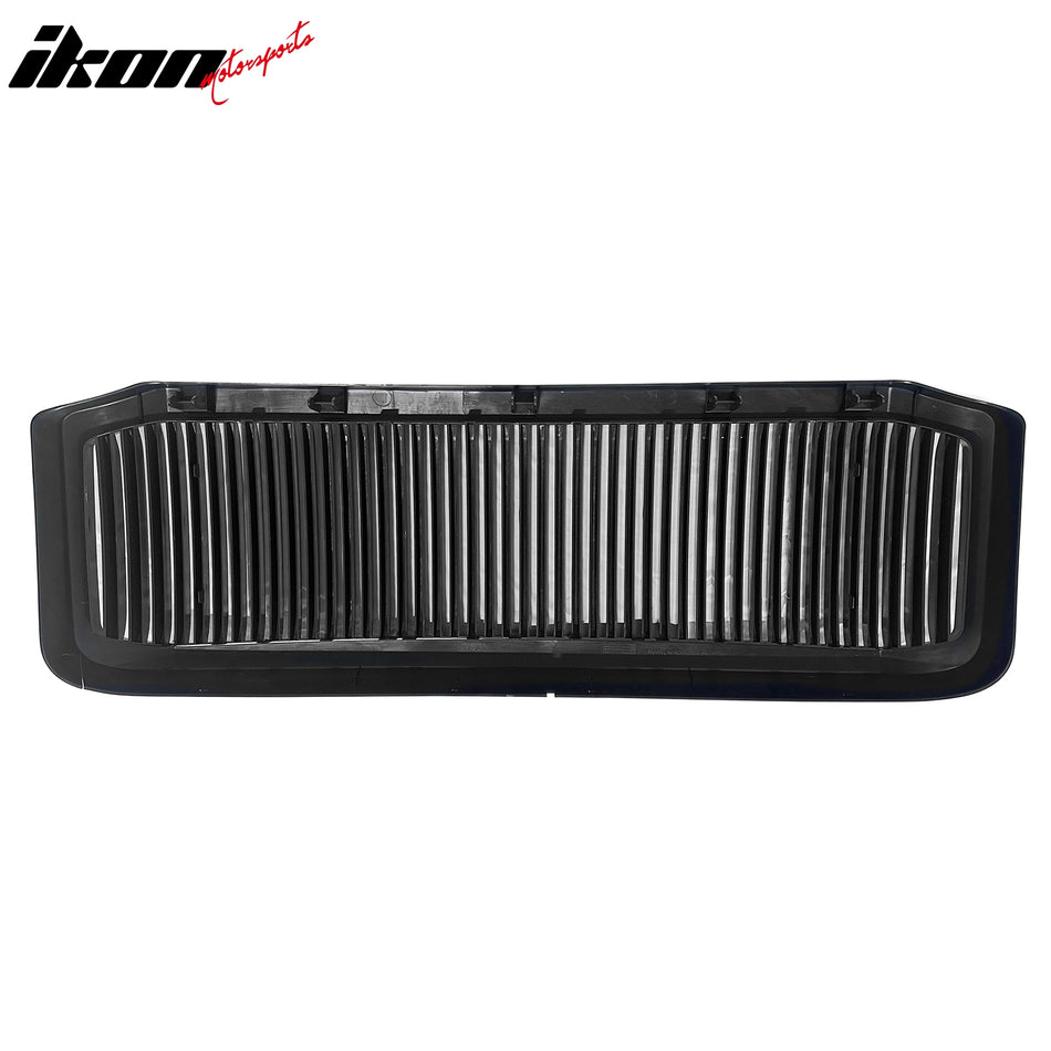 IKON MOTORSPORTS Front Upper Grille, Compatible with 2005-2007 Ford F-250/F-350 Super Duty, Vertical Style Bright Black ABS Plastic Replacement Front Bumper Hood Billet Grill
