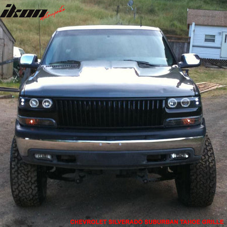 Grille Compatible With 1999-2002 Chevy Silverado 1500 & 1500Hd, Vertical Style ABS BlackFront Bumper Hood Grill by IKON MOTORSPORTS