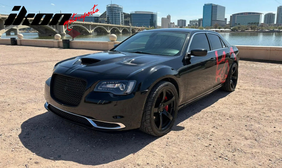IKON MOTORSPORTS Hood Panel, Compatible with 2011-2023 Chrysler 300 All Models, SRT Hellcat Style Aluminum Black Front Bumper Hood Engine Bonnet Cover Replacement