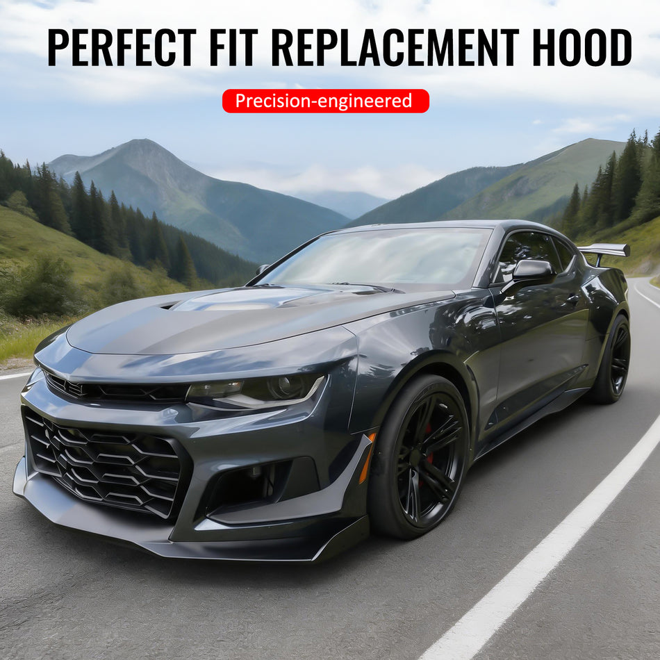 IKON MOTORSPORTS, Automotive Hood Panel Compatible with 2016-2024 Chevy Camaro, ZL1 Style Vehicle Body Panel Hood Engine Cover Scoop Air Vent Black Carbon Fiber with Heat Extractor Ram Air